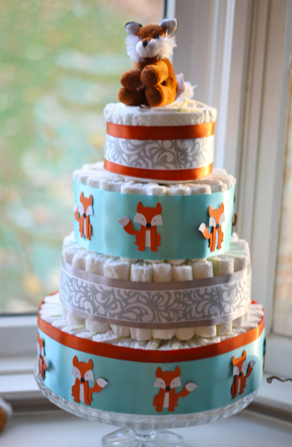 Diaper cake with custom fox cutouts